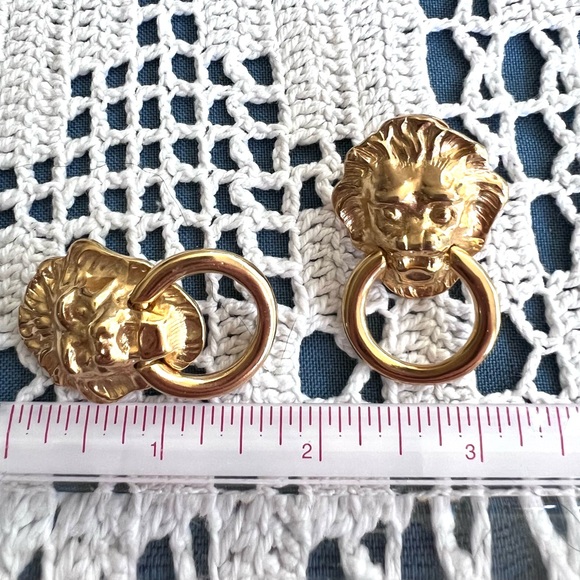 1990s Kenneth Jay Lane Lion Door Knocker Earrings 22KT gold plated - Picture 6 of 9